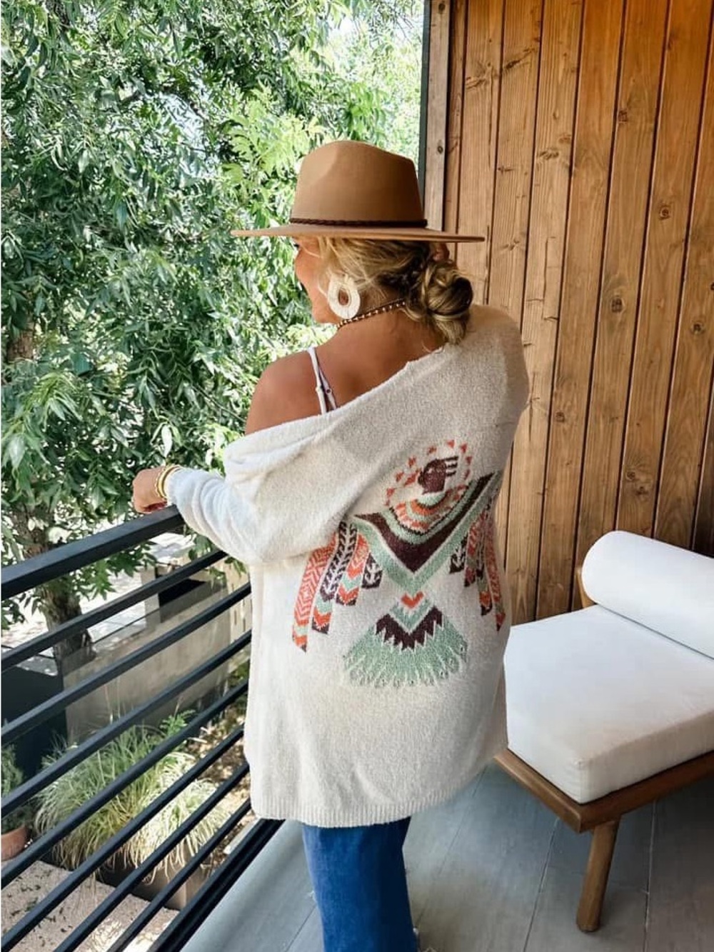 Blakeley OS Cream Chenille Fuzzy Oversized Cardigan Southwestern Bird Boho - Picture 2 of 5